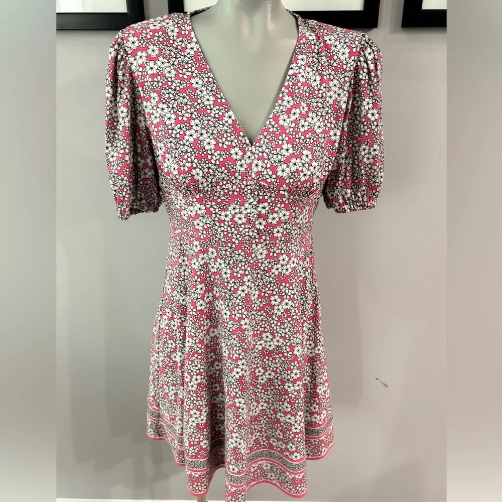 🌸 MICHAEL KORS Rose Pink Floral Mini Dress | Puff Sleeve V-Neck | Size M
